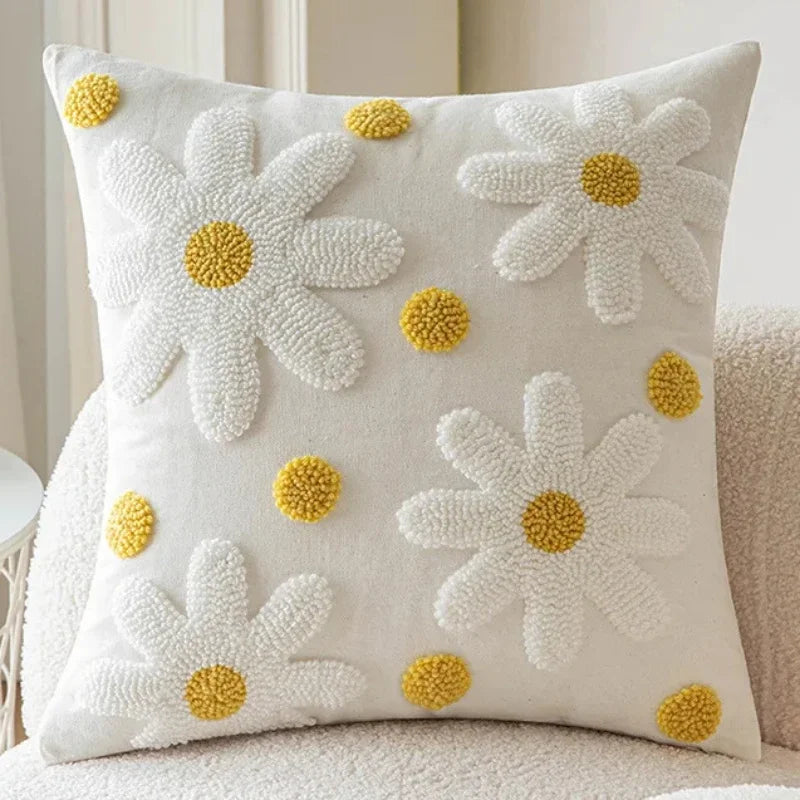 Floral embroidered cotton throw pillow cover daisy design cozy decorative cushion