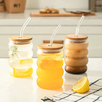 bubble glass cup bamboo lid straw borosilicate eco-friendly drinkware
