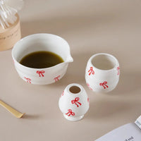 Ceramic matcha set red bow pattern bowl with spout whisk holder tea cup glossy ceramic tea tools