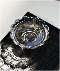Vintage clear glass dessert plate, Heirloom Pedestal Tray jewelry display storage tray, scalloped lace candle holder for elegant home decoration.