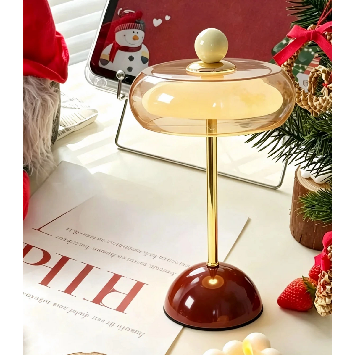 Mid-Century Modern Glass Table Lamp Vintage LED Bedside Desk Lamp Golden Metal Pole Bedroom Nightstand Decor Light-Letifly Lights and Decor