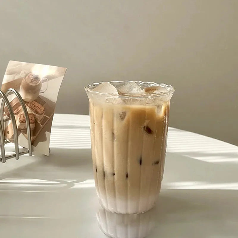 Fluted glass tumbler with scalloped ruffle rim clear drinking glass for iced coffee latte juice modern café style