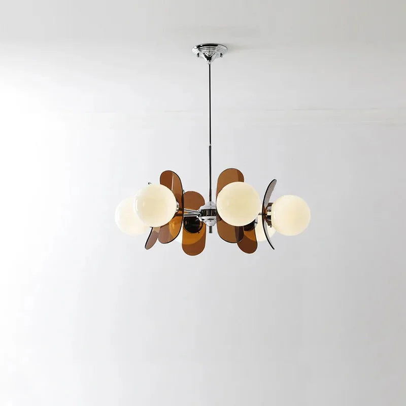 Retro glass globe chandelier with amber panels mid-century modern dining room light