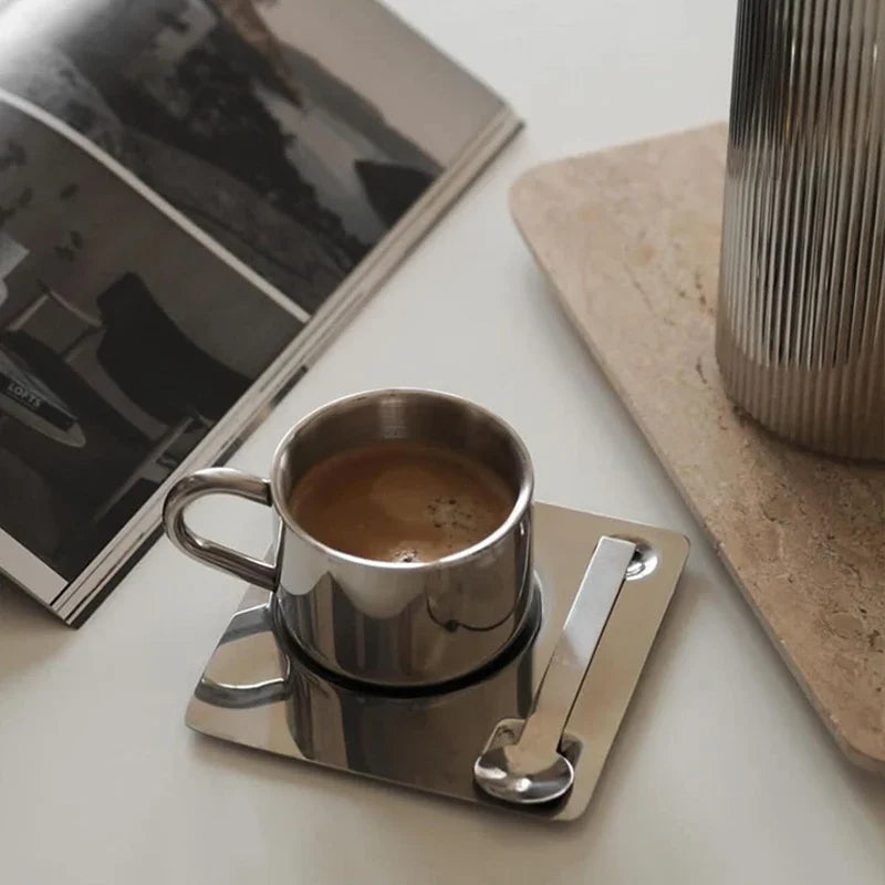 Stainless steel espresso cup and square saucer modern coffee tea set 3pc set with teaspoon