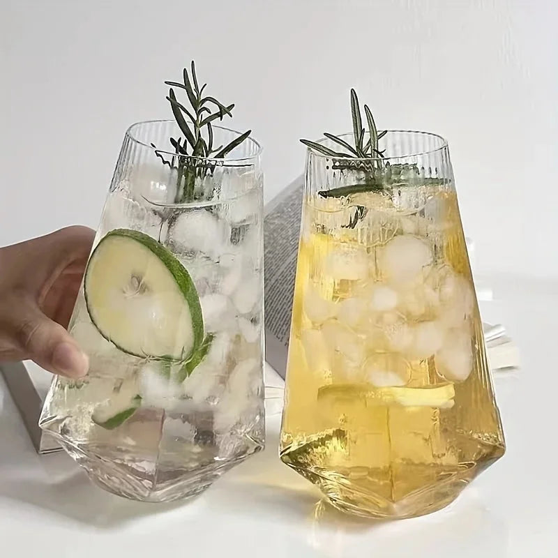 Highball drinking glass clear geometric modern faceted borosilicate vertical ripple texture