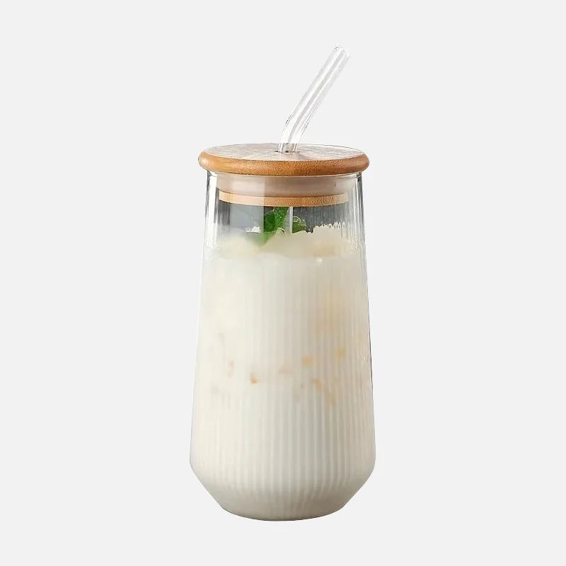 Fluted Clarity Tumbler Heat-resistant fluted glass tumbler with bamboo lid and glass straw