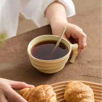 Ceramic ridged coffee mug warm brown textured tea cup sculptural handle minimalist drinkware