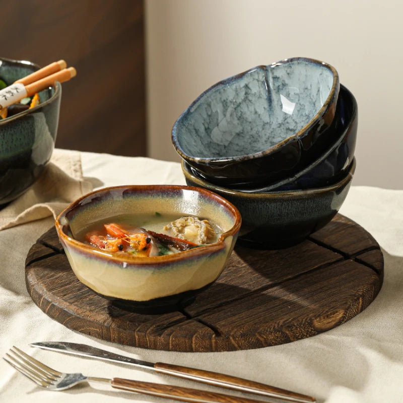 Ceramic serving bowls reactive glaze blue brown organic rim stackable modern dining tableware