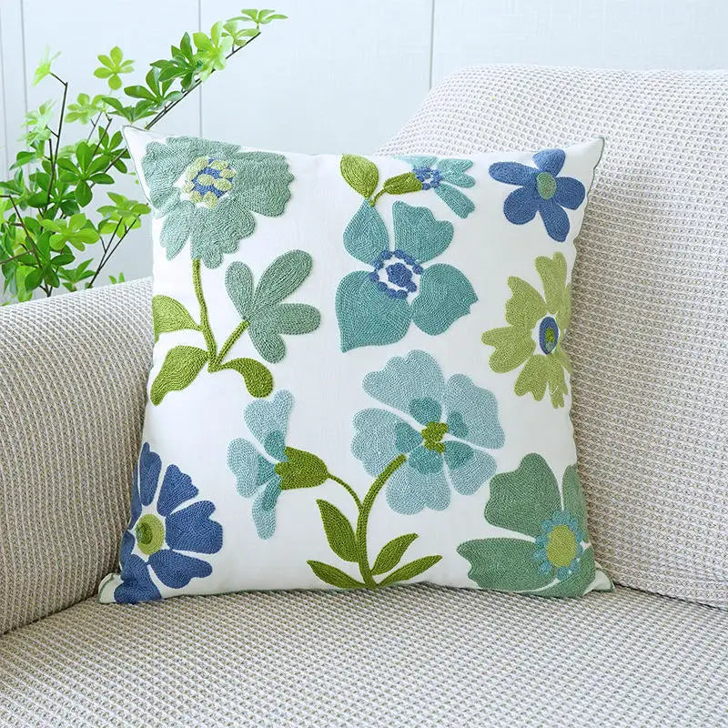 Embroidered Cotton Pillow Cover Nordic Floral Cushion Decorative Sofa Pillow