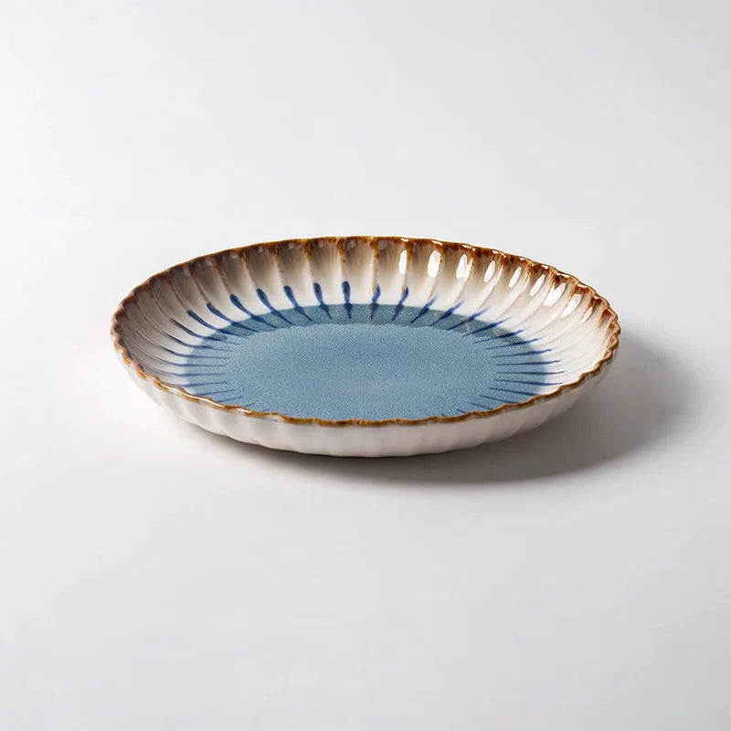 Blue ceramic dinnerware scalloped petal plate bowl sunburst glaze modern dining tableware set