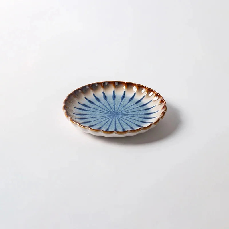 Blue ceramic dinnerware scalloped petal plate bowl sunburst glaze modern dining tableware set