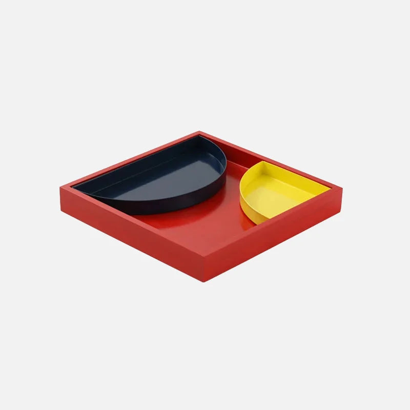 Tray solid wood geometric color-block metallic accents for storage organization or display