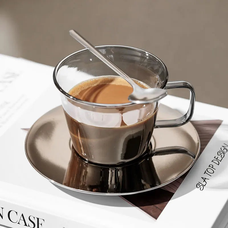 Glimmer Grey Luxury Glass Cup and Saucer Set