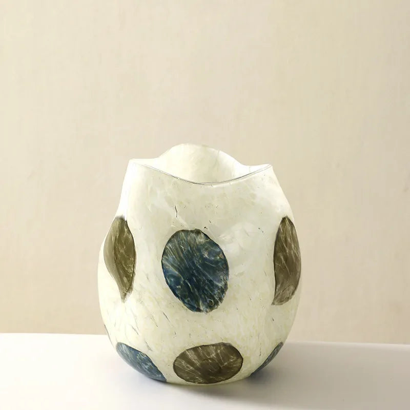 Glass vase cream green blue pebble pattern polished finish