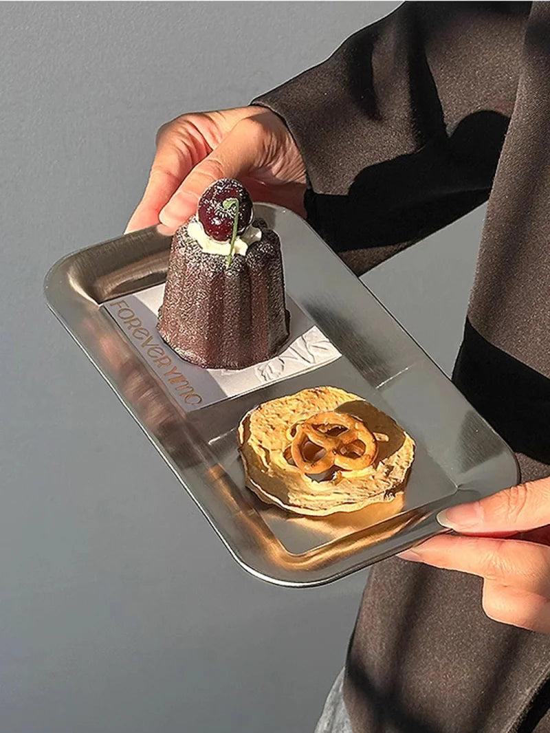 The Meridian Serve Tray Stainless steel square serving tray modern brushed metal café platter