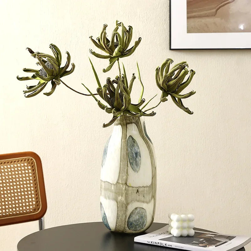 Glass vase cream green blue pebble pattern polished finish