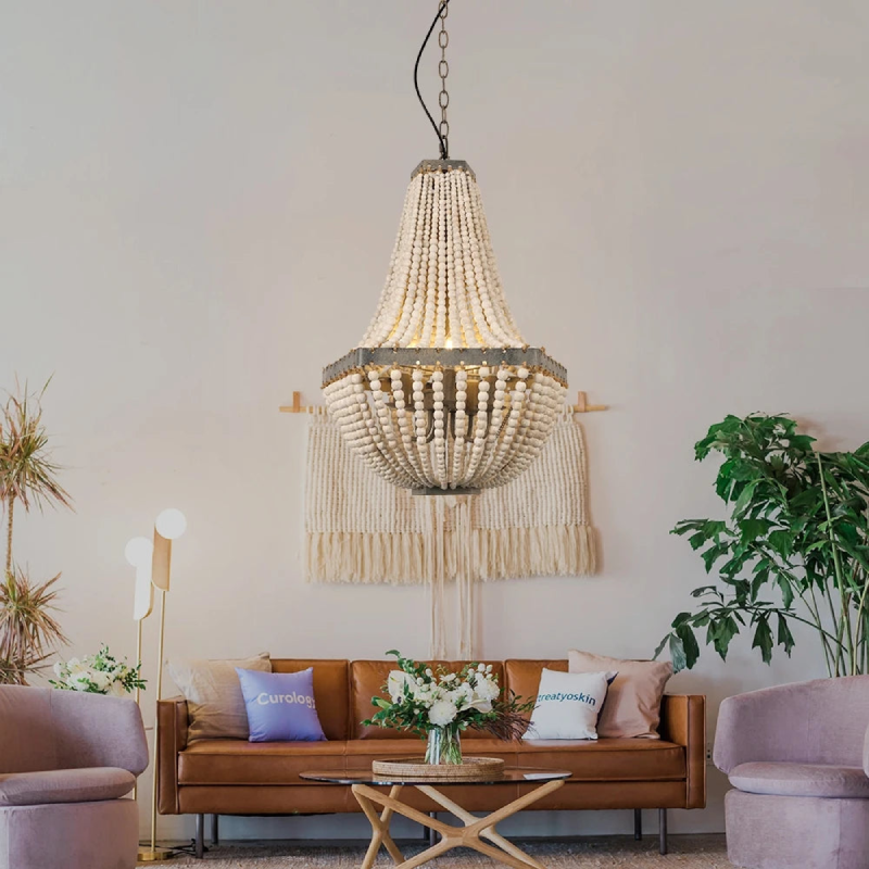 Wooden Bead Cascade Pendant Lamp