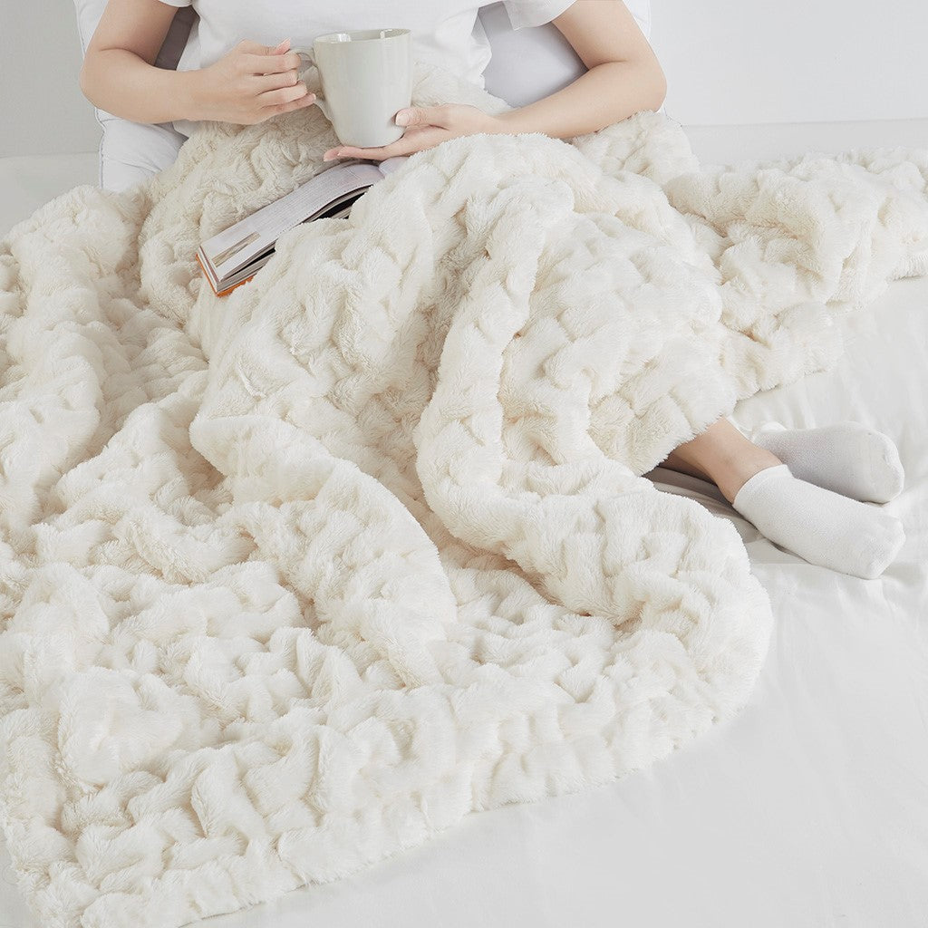 Ruched Faux Fur Throw Blanket Plush Textured Soft Cozy Sofa or Bed Accent