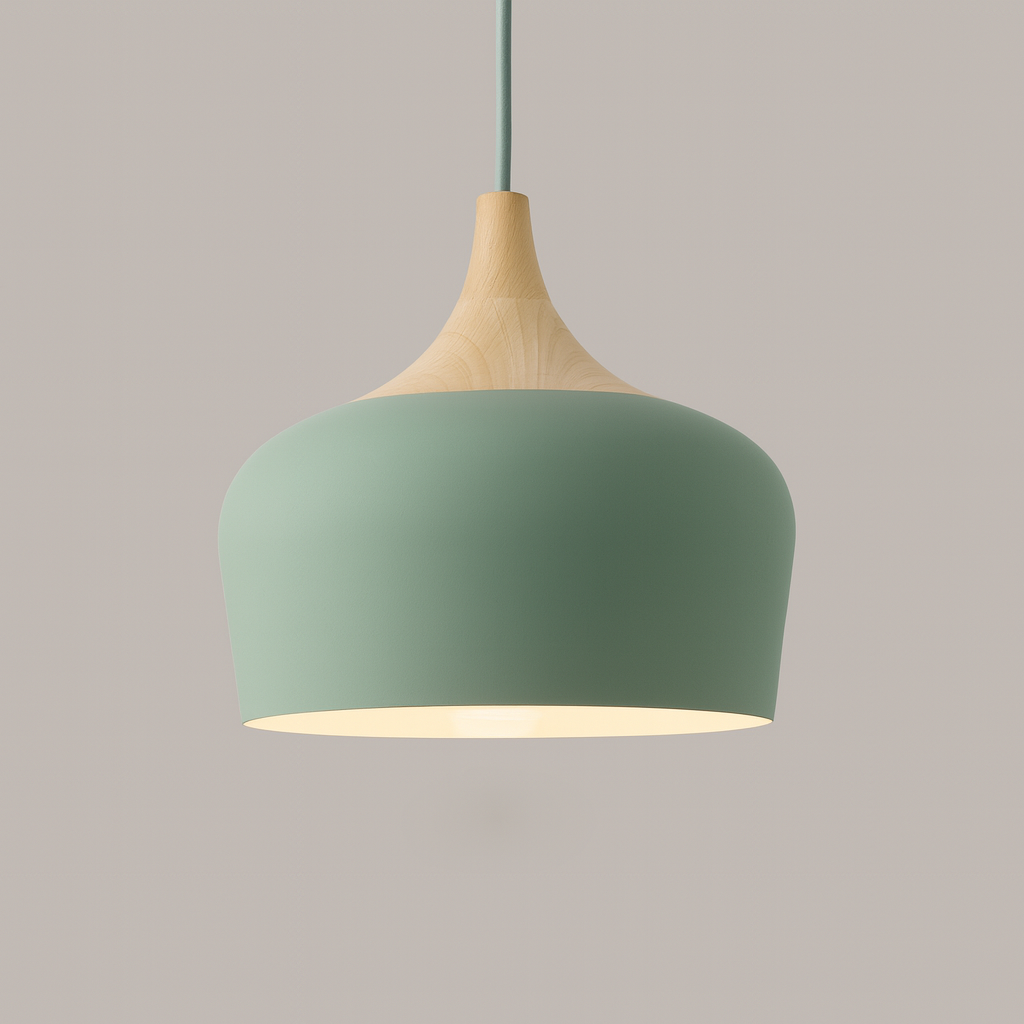 green metal pendant light with wood detail – dome shape