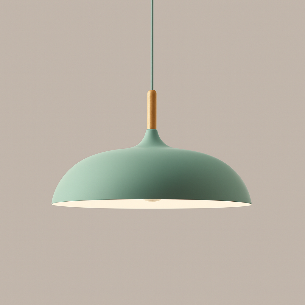 green pastel metal pendant light with wood detail – flat sphere shape