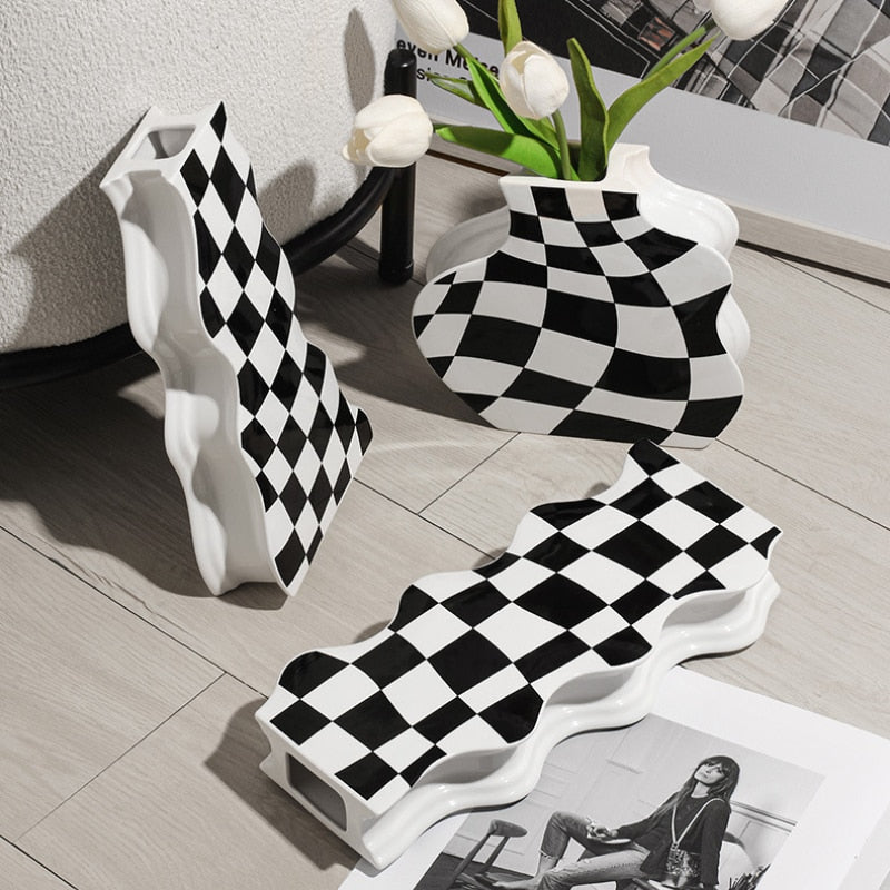 Ceramic Vases Flower Checkered Design with Various Sizes