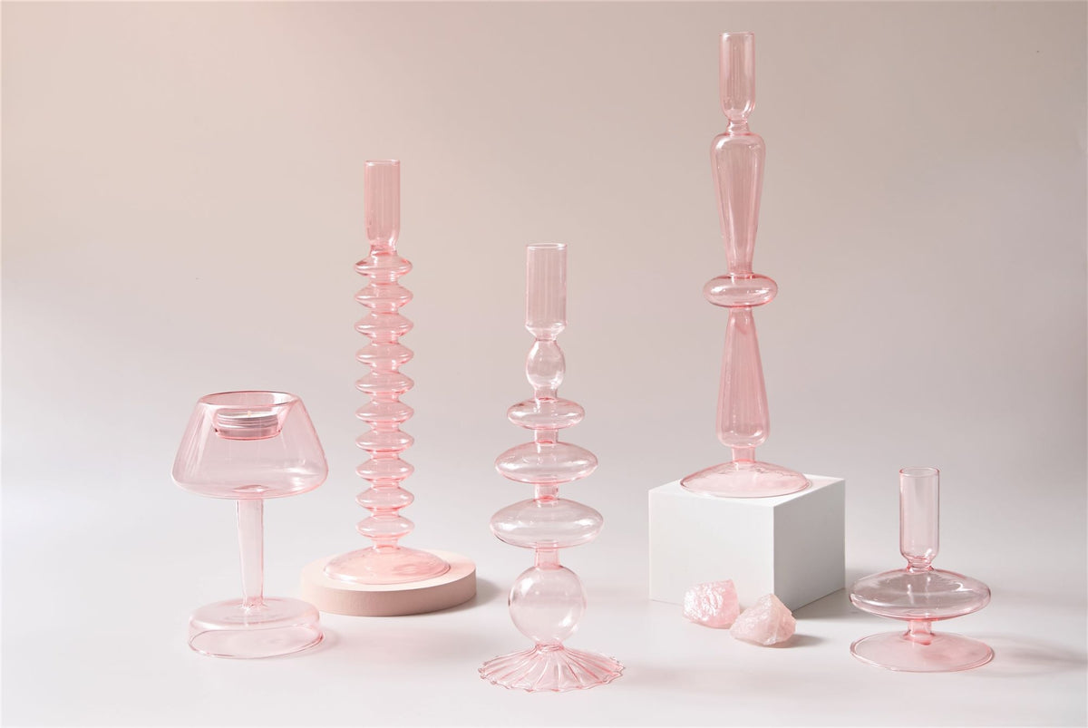 round spiral borosilicate glass pink candle holder