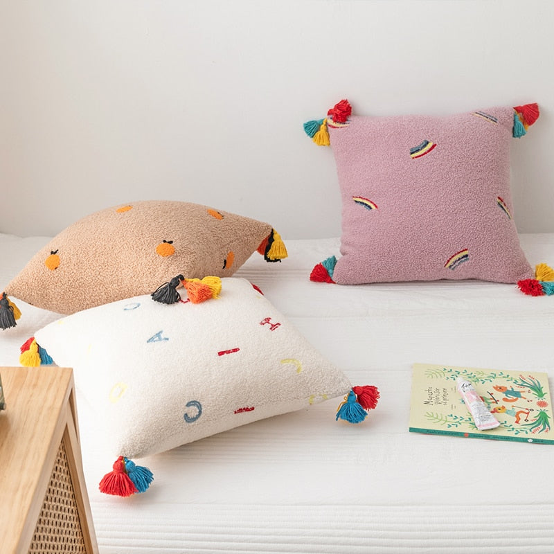 Fluffy Embroidered Multicolored Tassel Pillow Cover