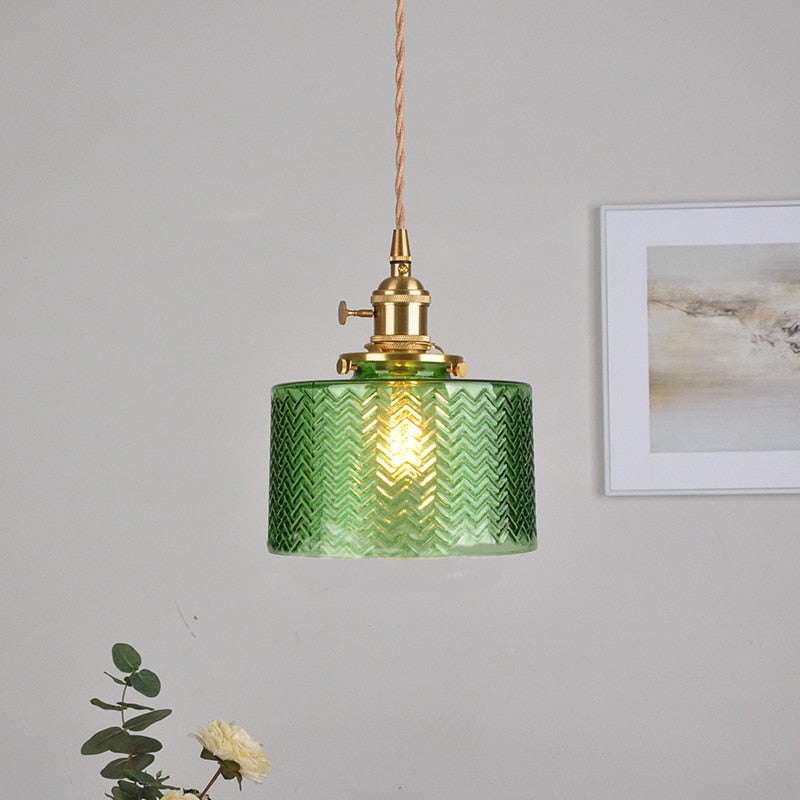 Round Green Glass Brass Pendant Lamp