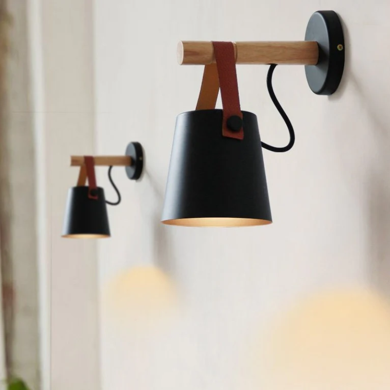 Modern Wood & Metal Wall Sconce with Faux Leather Strap