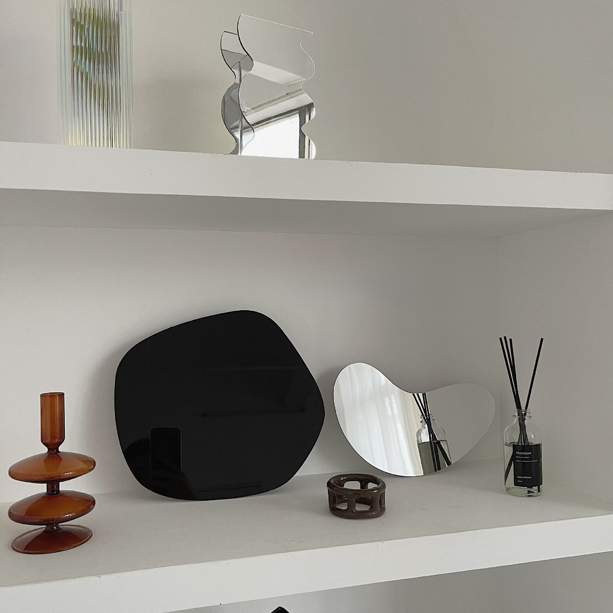 Acrylic Irregular Shaped Tray Mirror and Black Design With Bottom Support Tray
