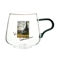 rounded clear glass van gogh-design mug with green handle